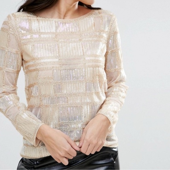 ENDLESS ROSE GOLD SEQUIN BEADED FORMAL FANCY EVENING BLOUSE WOMENS LARGE NEW - Picture 1 of 9